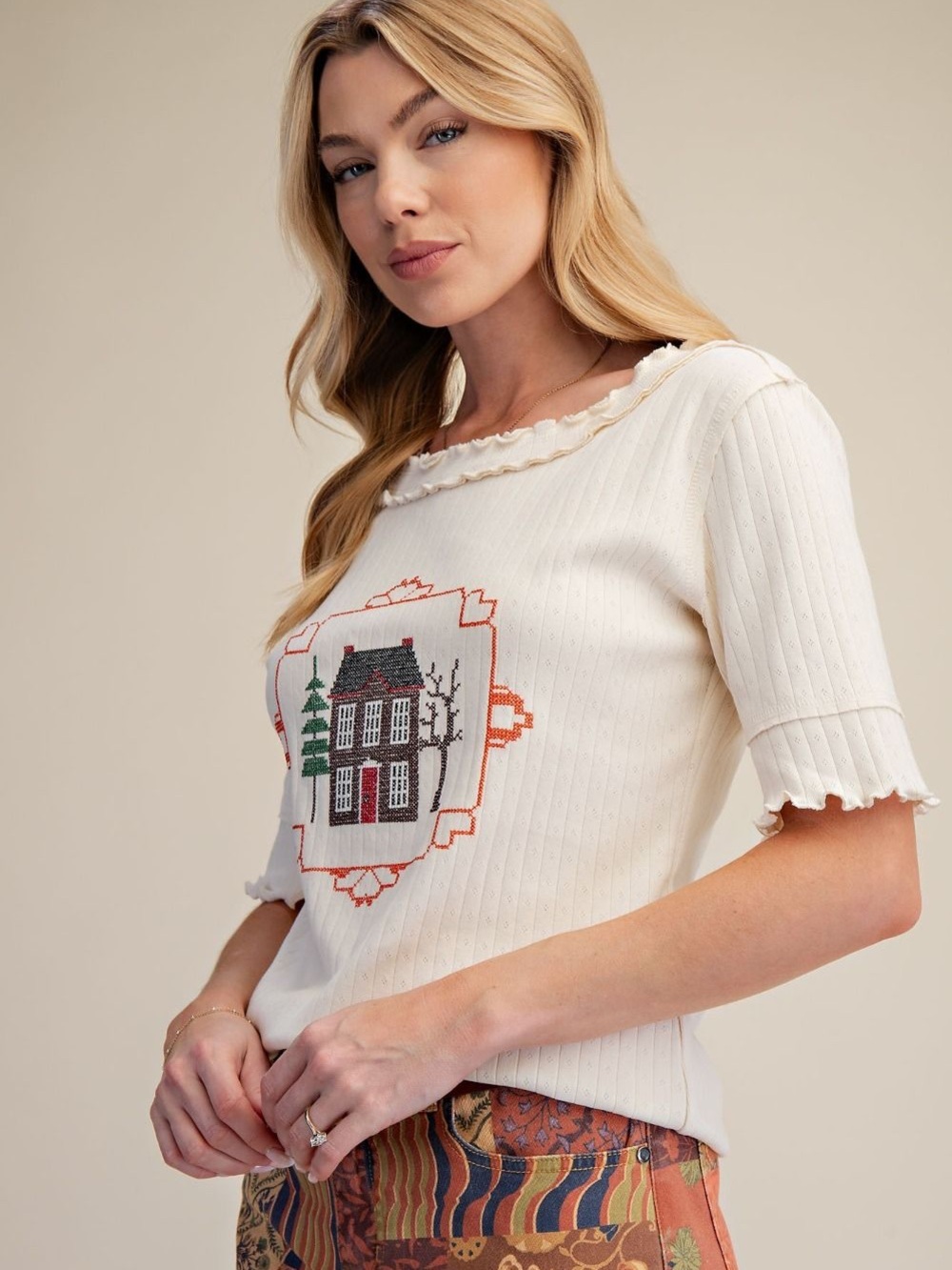 Cream Short-Sleeve Knit Top Cozy Cabin Embroidery